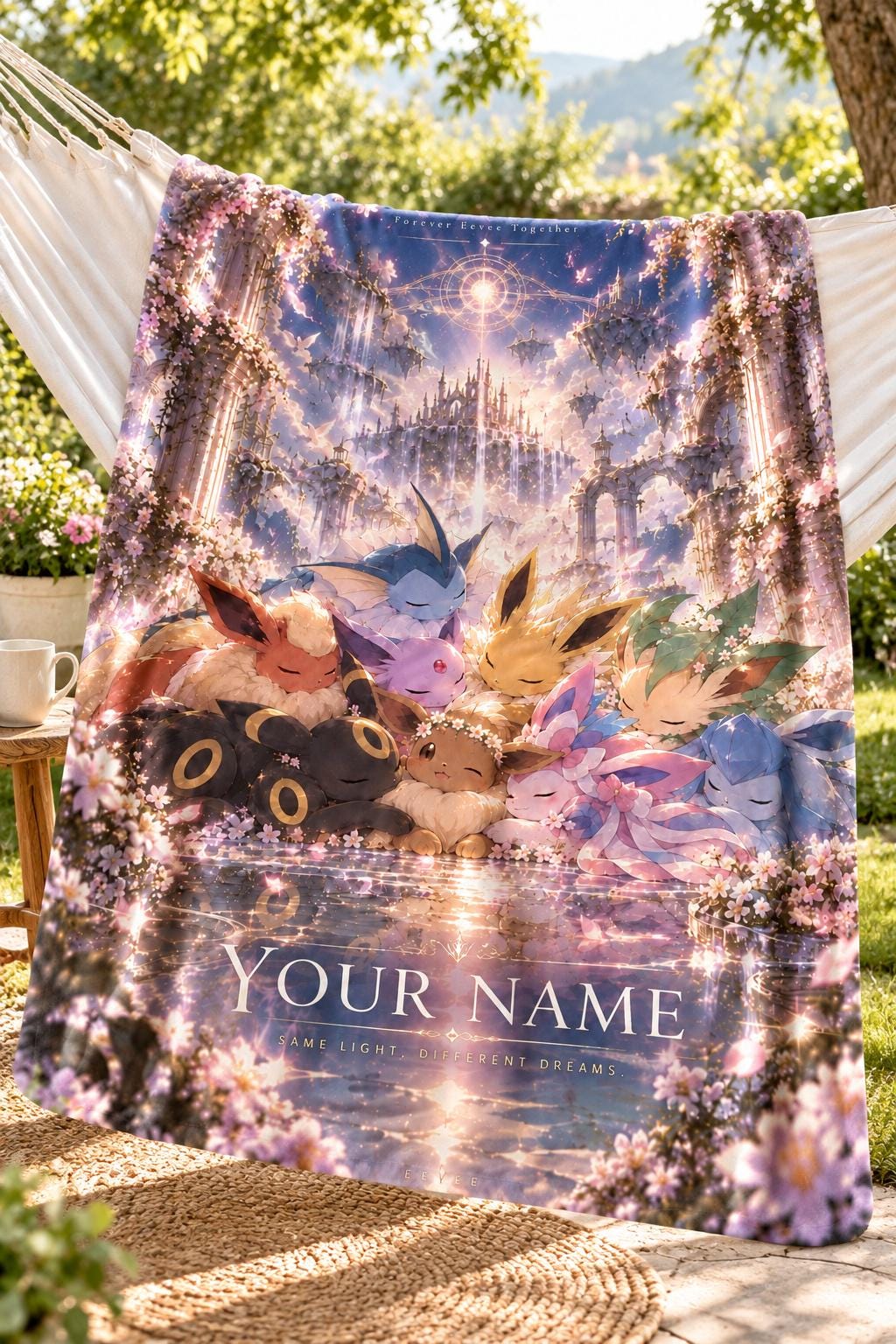 Personalized Eevee Evolutions Fleece Blanket, Custom Name, Moonlit Fantasy Art (Anime Gift)
