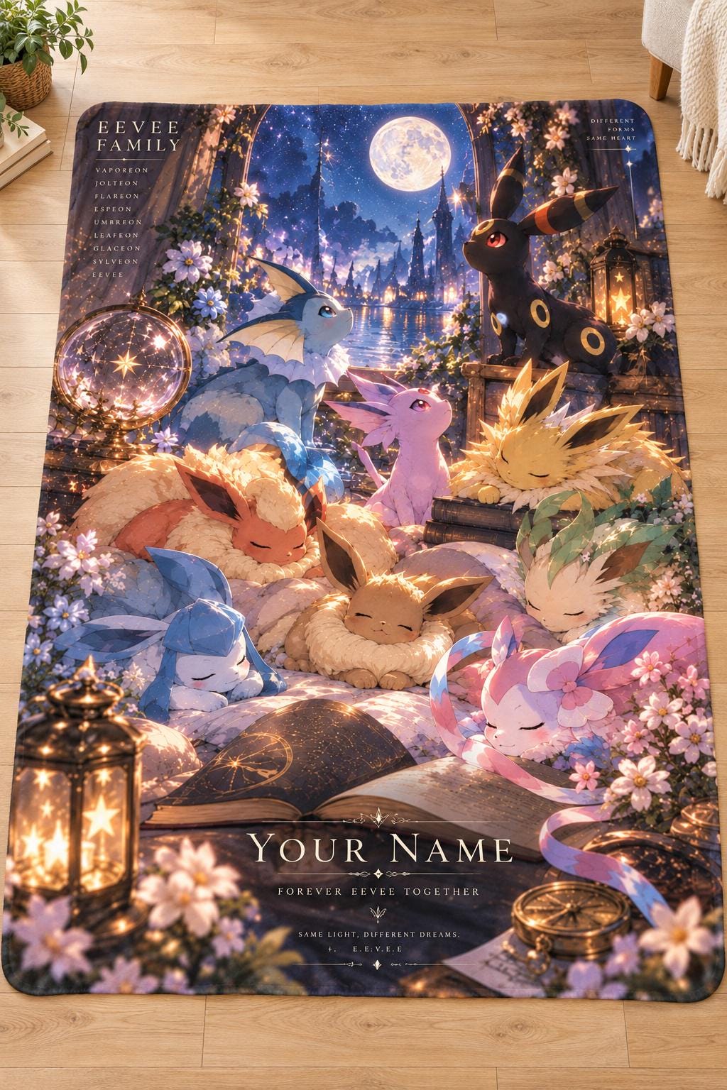 Personalized Eevee Evolutions Fleece Blanket, Custom Name, Moonlit Fantasy Art (Anime Gift)