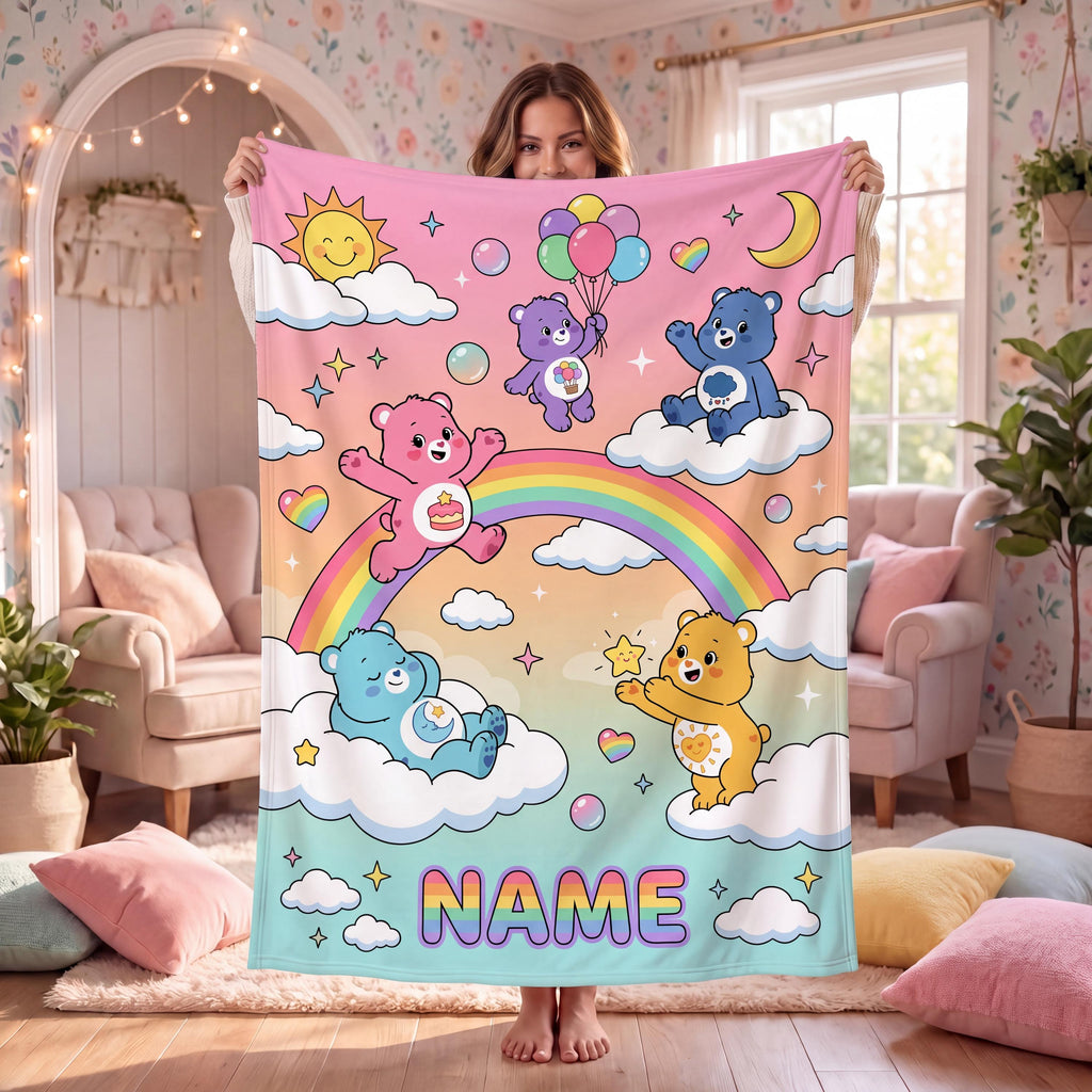 Custom Care Bears Rainbow Cloud Blanket, Personalized Colorful Balloon Sky Kids Throw