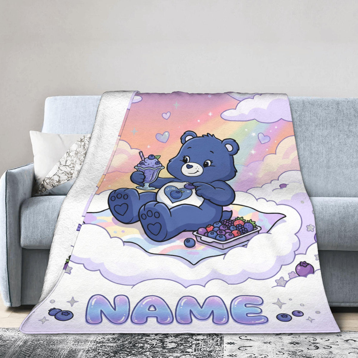 Personalized Care Bears Blueberry Sundae Blanket, Customizable Lavender Moon Nap Wrap