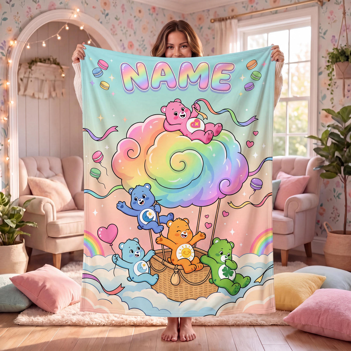 Customizable Care Bears Hot Air Balloon Blanket, Custom Pastel Rainbow Cloud Throw