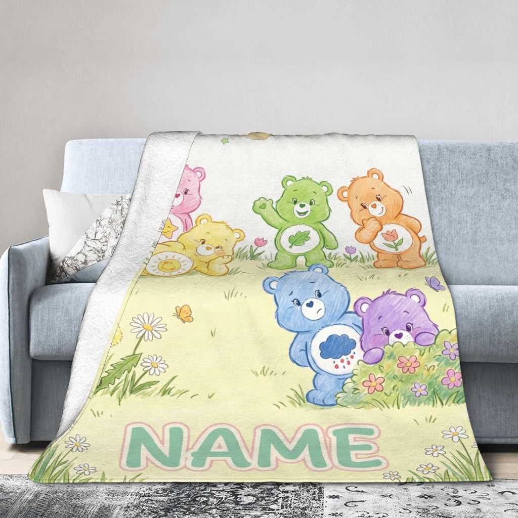 Custom Care Bears Hand Drawn Daisy Meadow Blanket, Personalized Floral Flannel Throw
