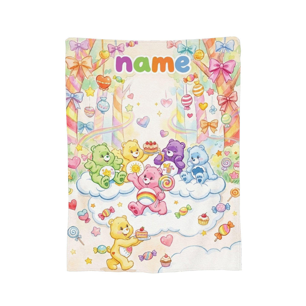 Personalized Care Bears Sweet Candy Cane Forest Blanket, Custom Lollipop Cake Throw