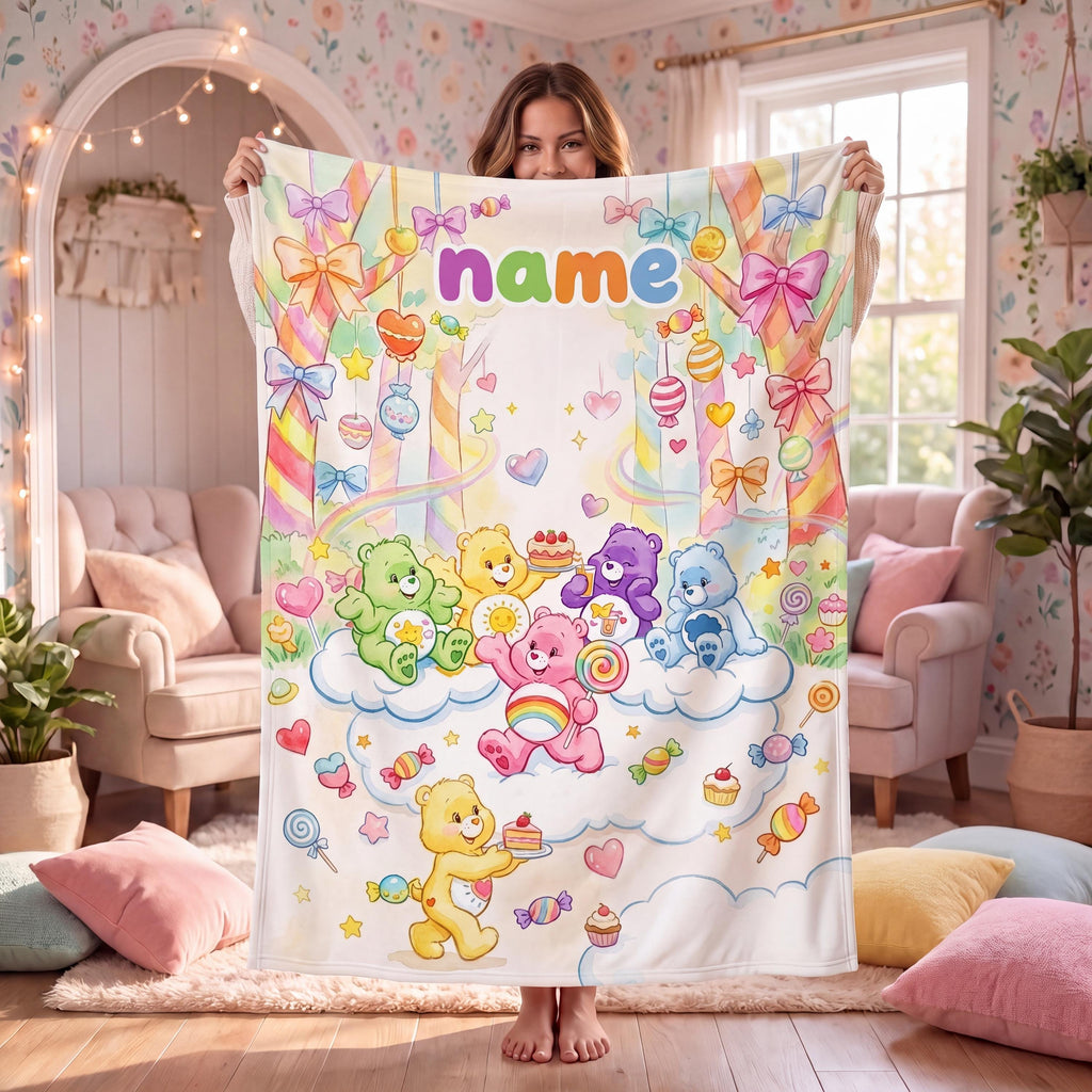 Personalized Care Bears Sweet Candy Cane Forest Blanket, Custom Lollipop Cake Throw