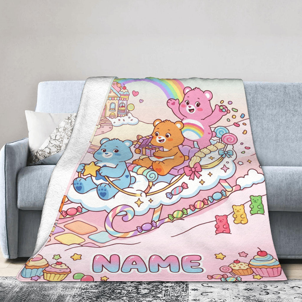 Personalized Care Bears Candy Sleigh Blanket, Custom Rainbow Castle Kids Fleece