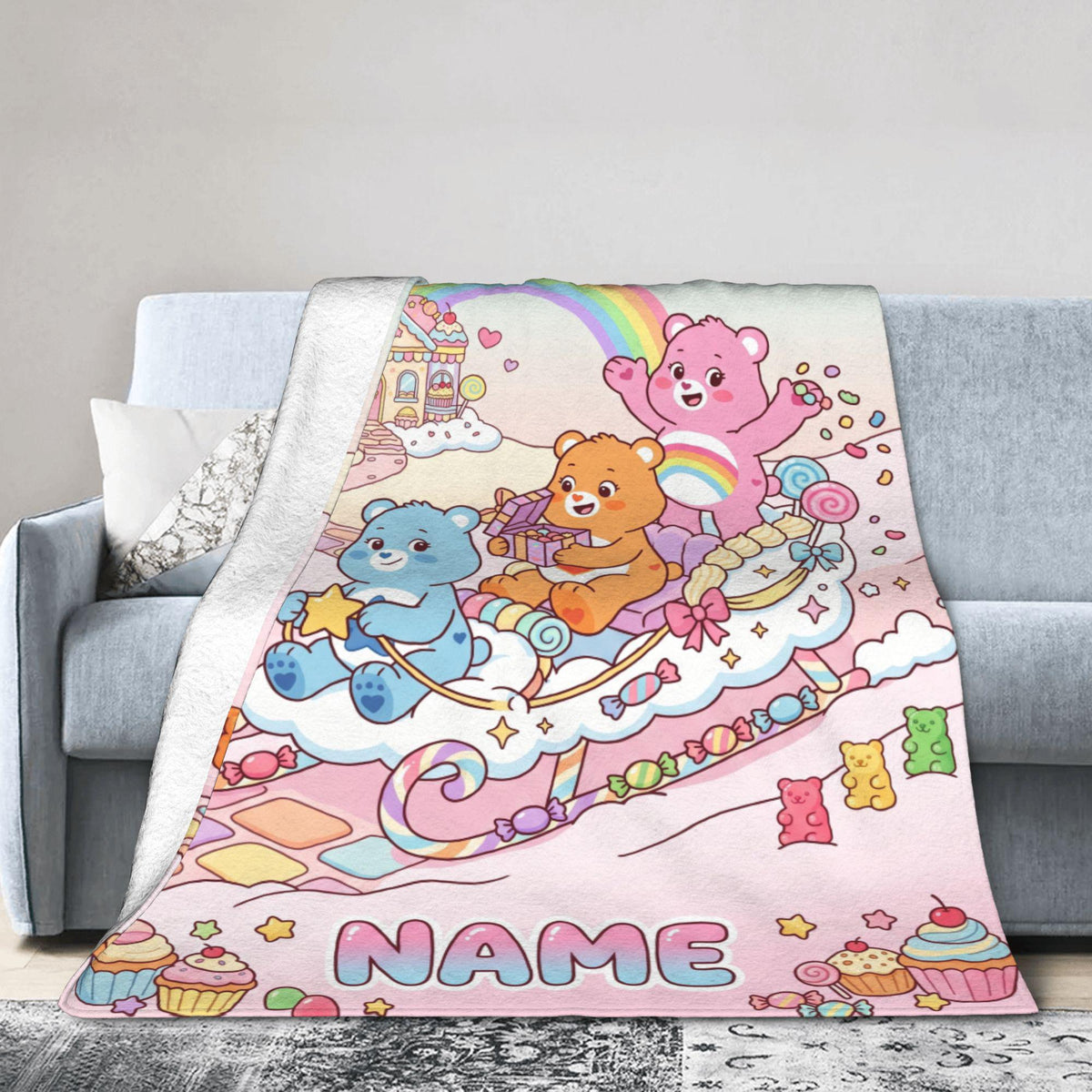Personalized Care Bears Candy Sleigh Blanket, Custom Rainbow Castle Kids Fleece