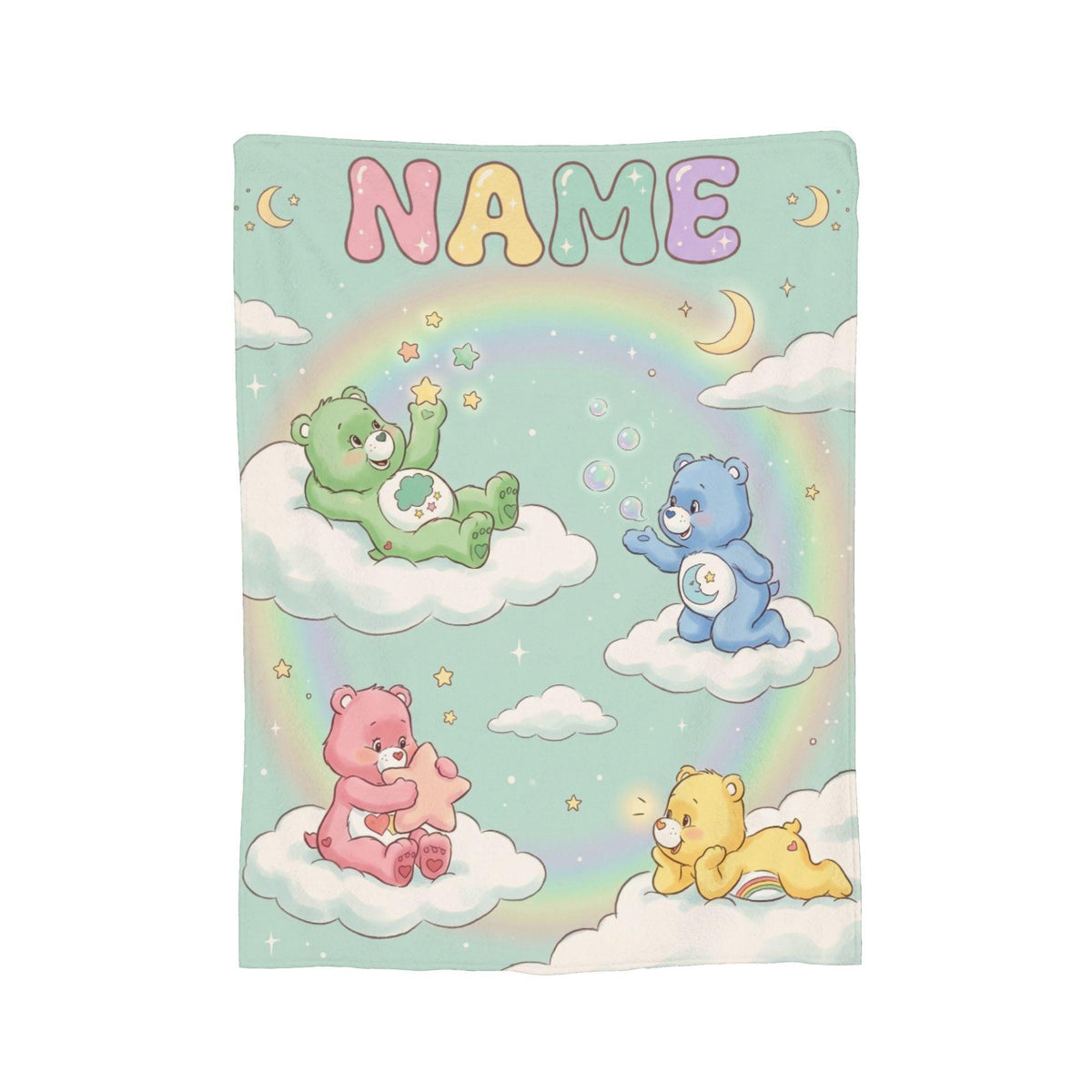 Personalized Care Bears Cloud Blanket, Mint Rainbow Stars, Soft Flannel Throw