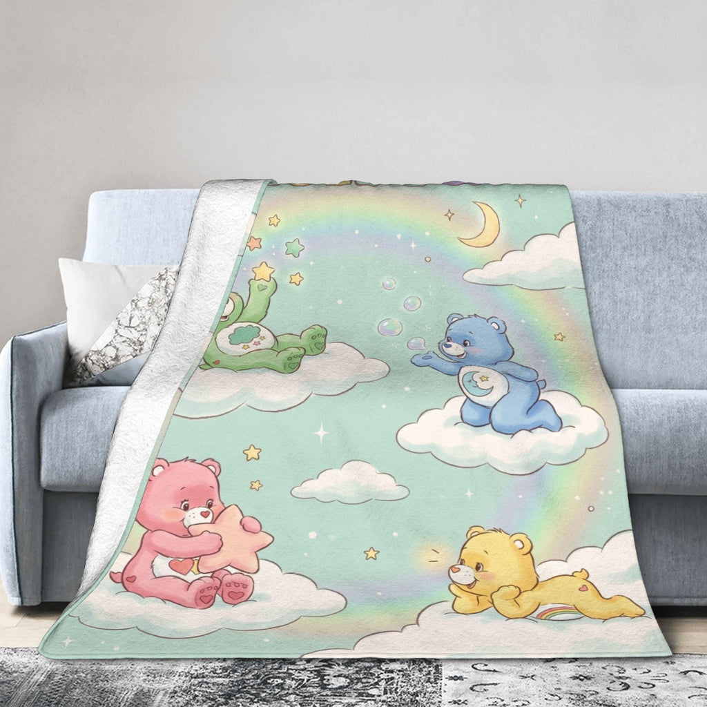 Personalized Care Bears Cloud Blanket, Mint Rainbow Stars, Soft Flannel Throw