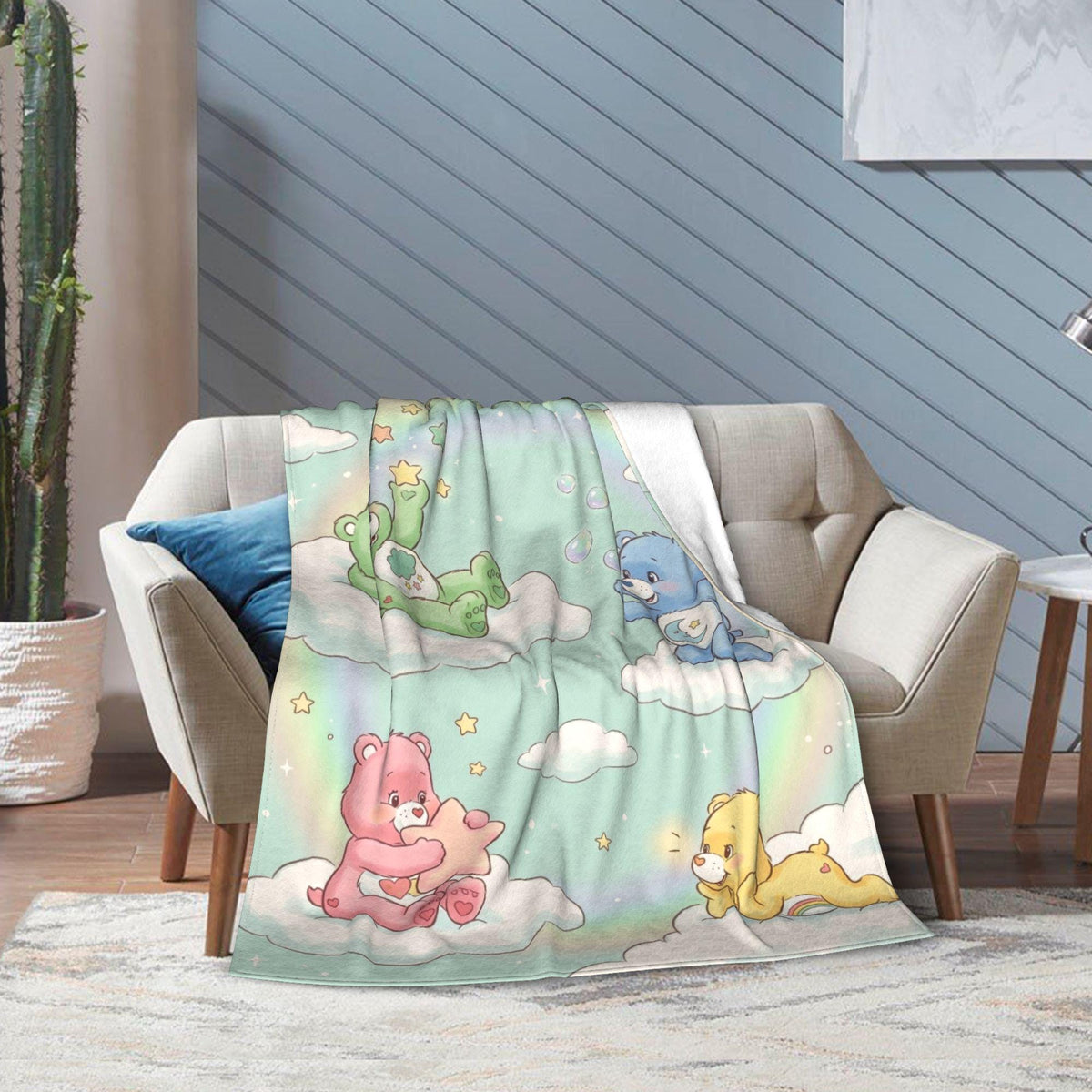 Personalized Care Bears Cloud Blanket, Mint Rainbow Stars, Soft Flannel Throw