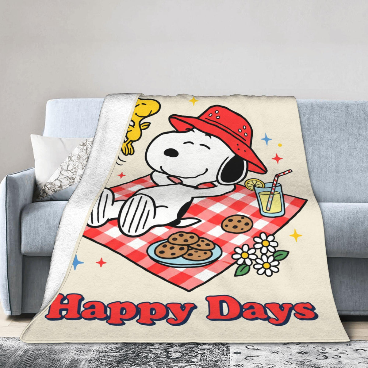 Personalized Happy Days Picnic Flannel Blanket, Custom Park Lawn Hound Throw, Spring Gingham Bedding, Wholesome Outdoor Gift for Friends
