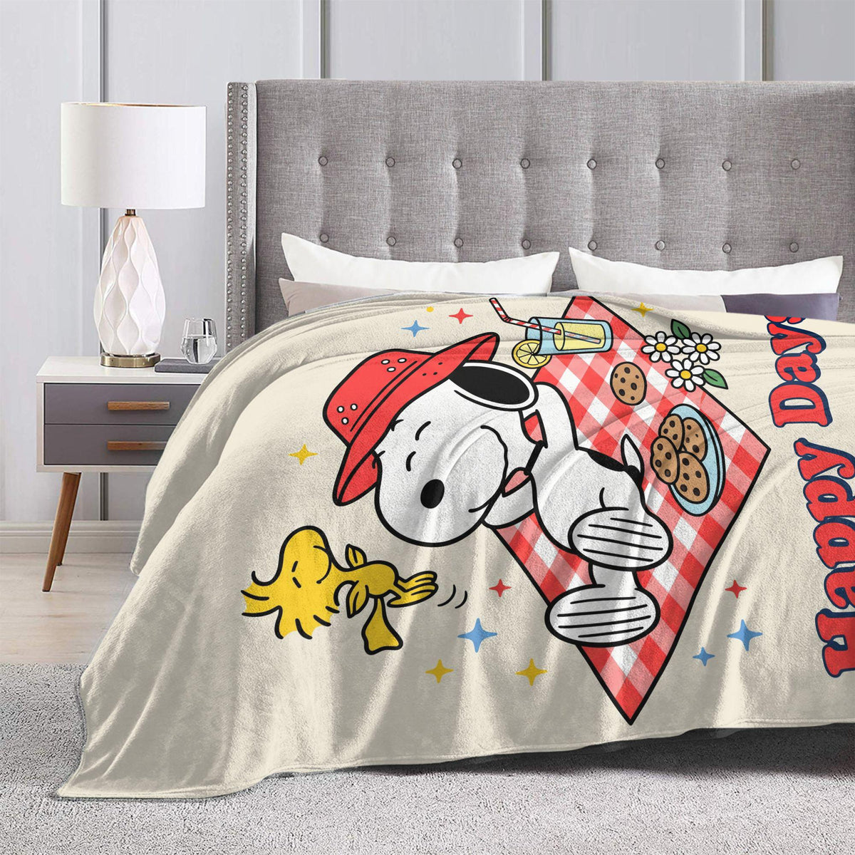 Personalized Happy Days Picnic Flannel Blanket, Custom Park Lawn Hound Throw, Spring Gingham Bedding, Wholesome Outdoor Gift for Friends