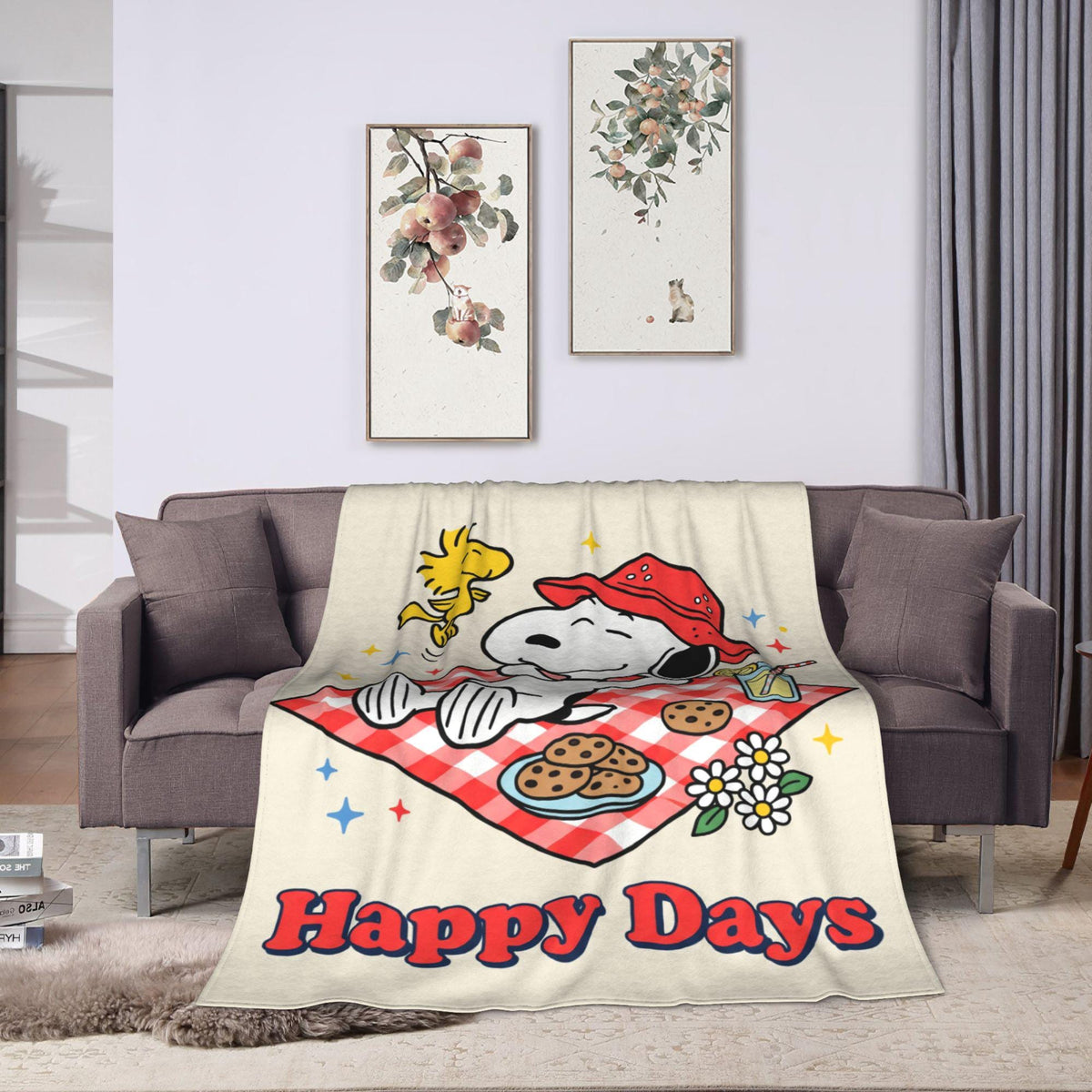 Personalized Happy Days Picnic Flannel Blanket, Custom Park Lawn Hound Throw, Spring Gingham Bedding, Wholesome Outdoor Gift for Friends
