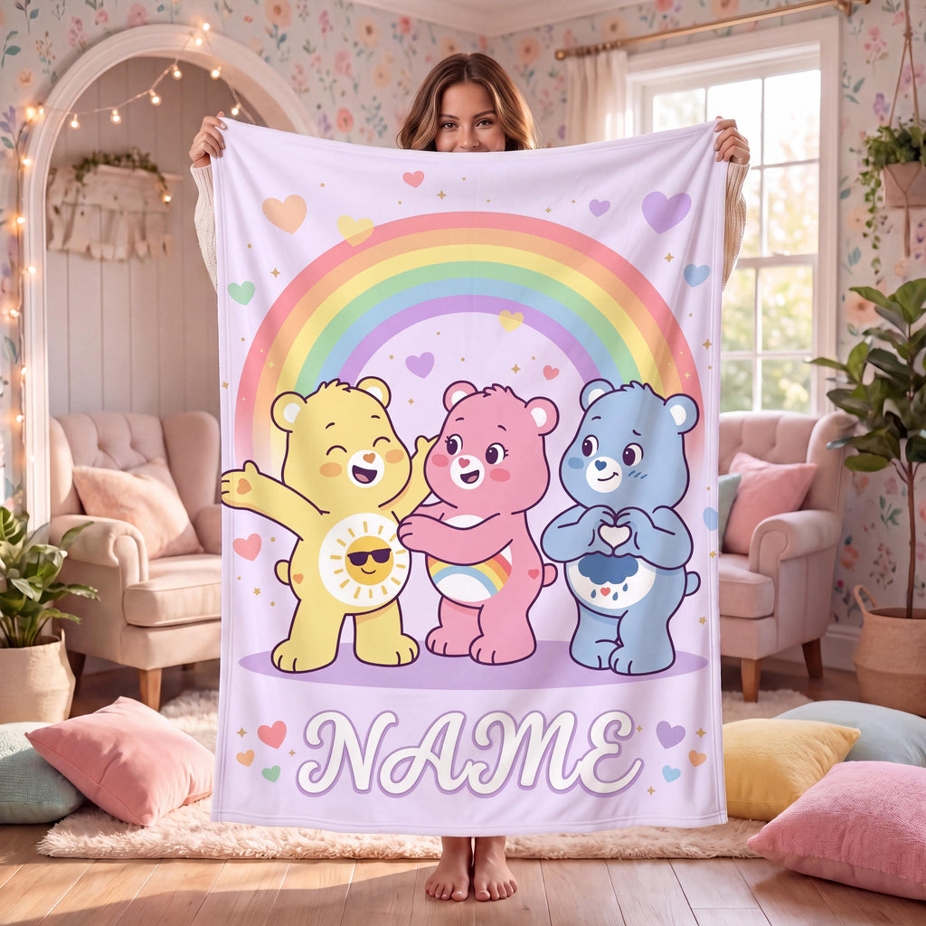 Personalized Care Bears Rainbow Hug Flannel Blanket, Custom Name Throw