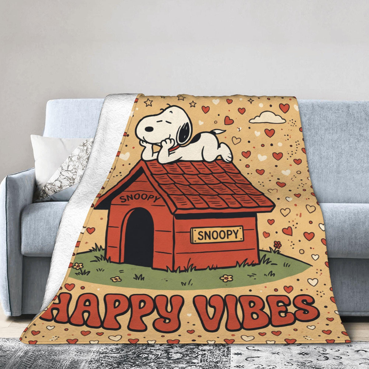 Personalized Red Doghouse Beagle Flannel Blanket, Custom Kids Rooftop Nap Throw, Cute Comic Bedding, Playful Birthday Gift for Boys Girls