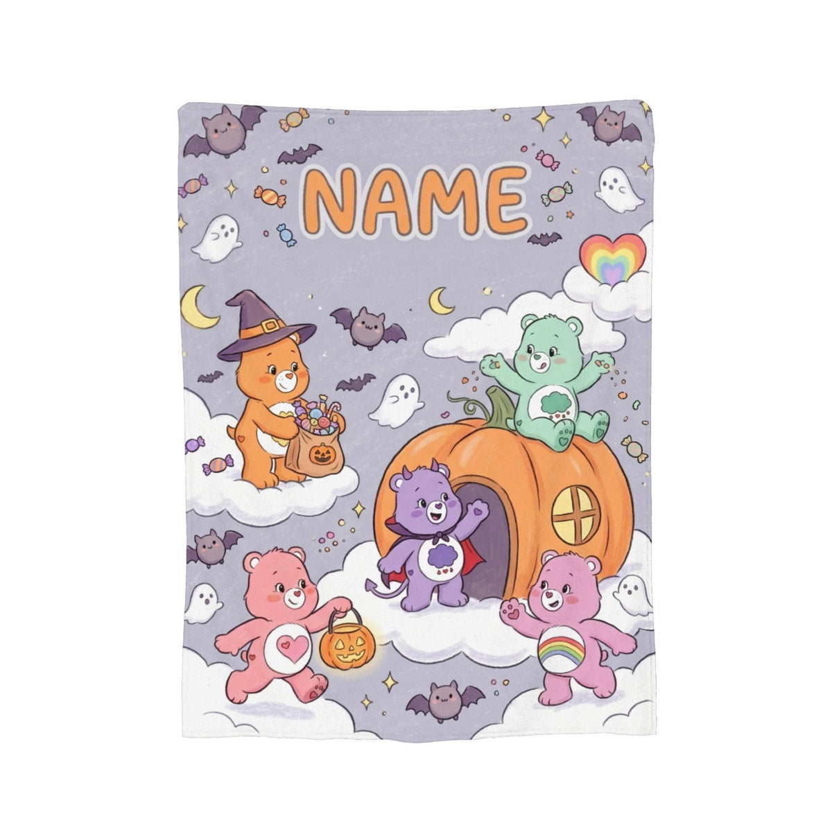 Personalized Care Bears Halloween Pumpkin Blanket, Custom Spooky Kids Fleece
