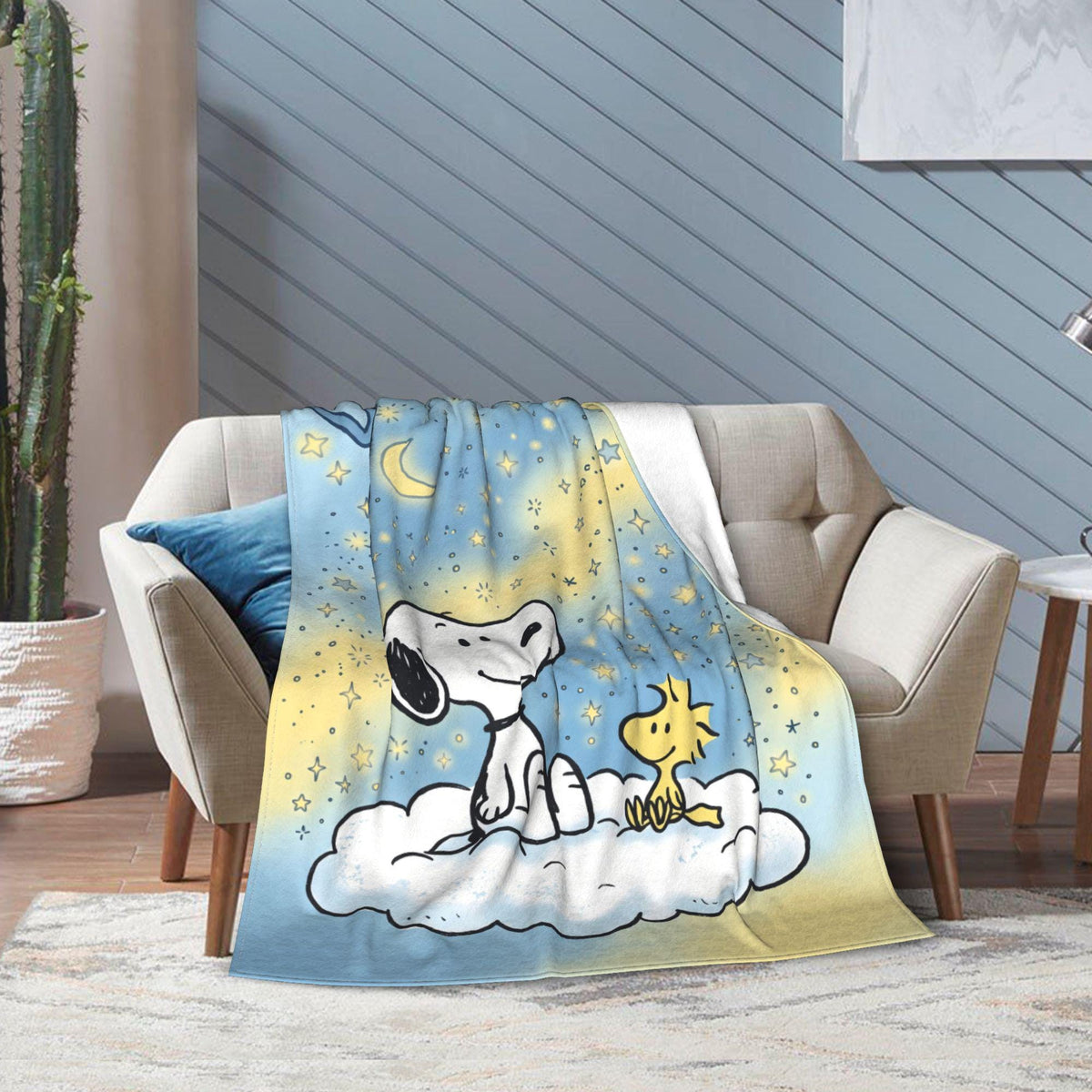 Personalized Daydreamer Hound Flannel Blanket, Custom Crescent Moon Dog Throw, Celestial Starlight Bedding, Cozy Relax Gift for Bestie Mom