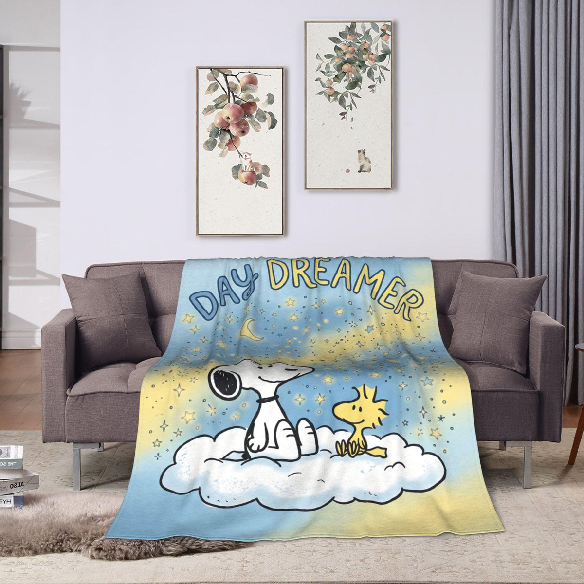 Personalized Daydreamer Hound Flannel Blanket, Custom Crescent Moon Dog Throw, Celestial Starlight Bedding, Cozy Relax Gift for Bestie Mom