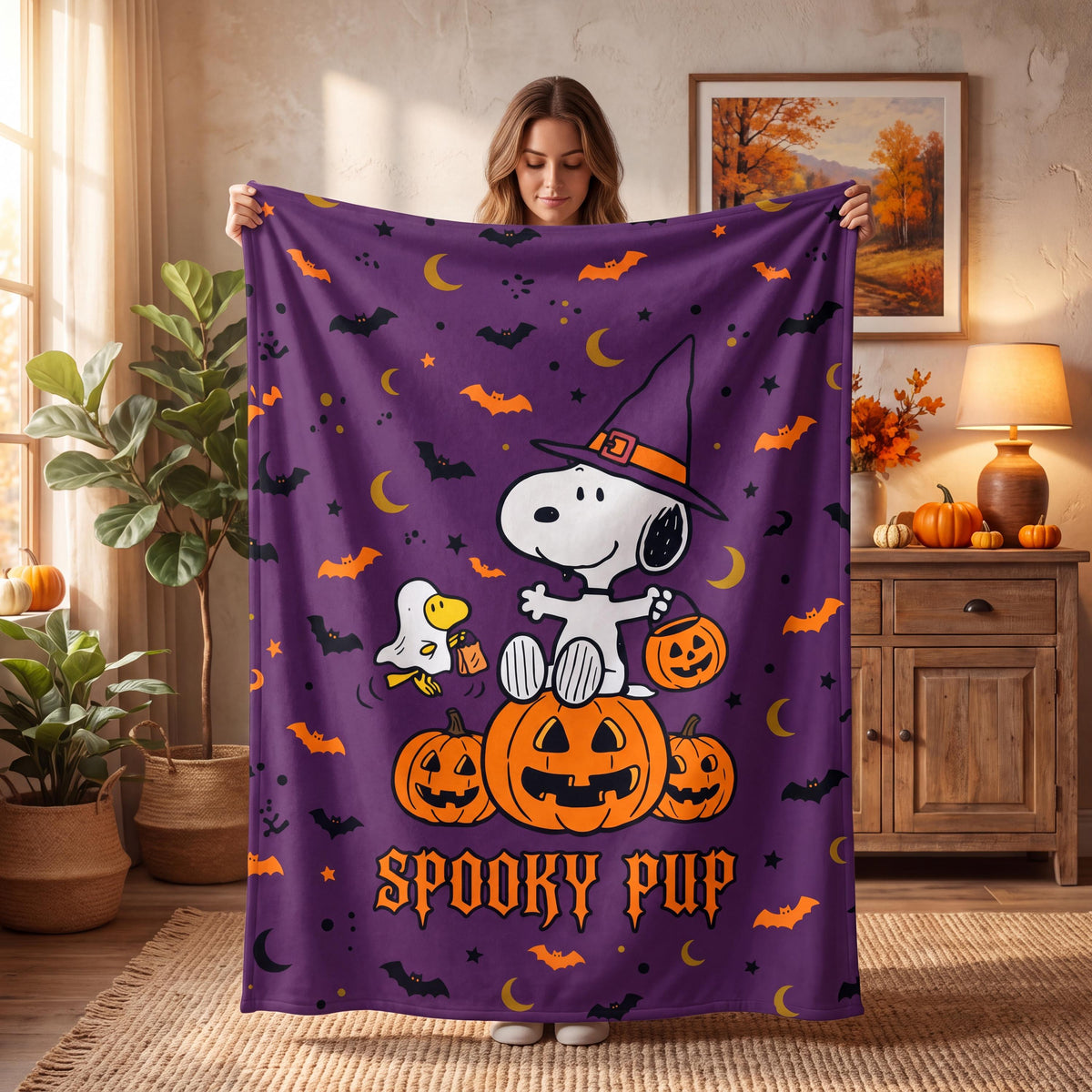 Personalized Halloween Witch Hound Flannel Blanket, Custom Midnight Comic Dog Throw, Flying Broom Spooky Bedding, Fall Gift for Pet Lovers