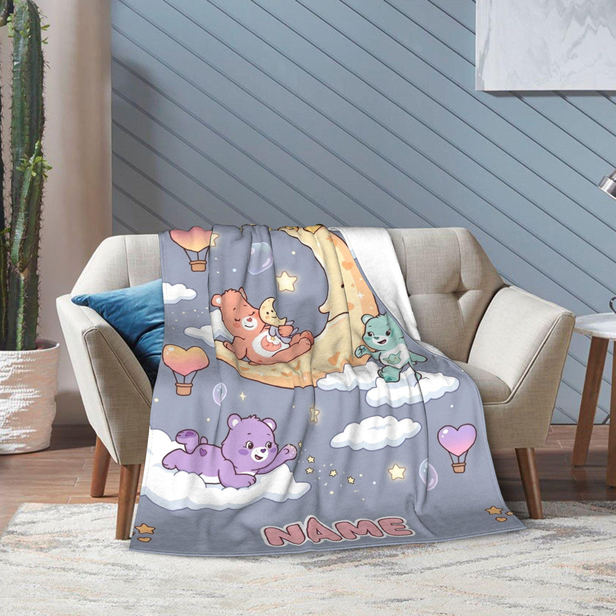 Custom Care Bears Crescent Moon Blanket, Cute Dreamy Night Kids Fleece