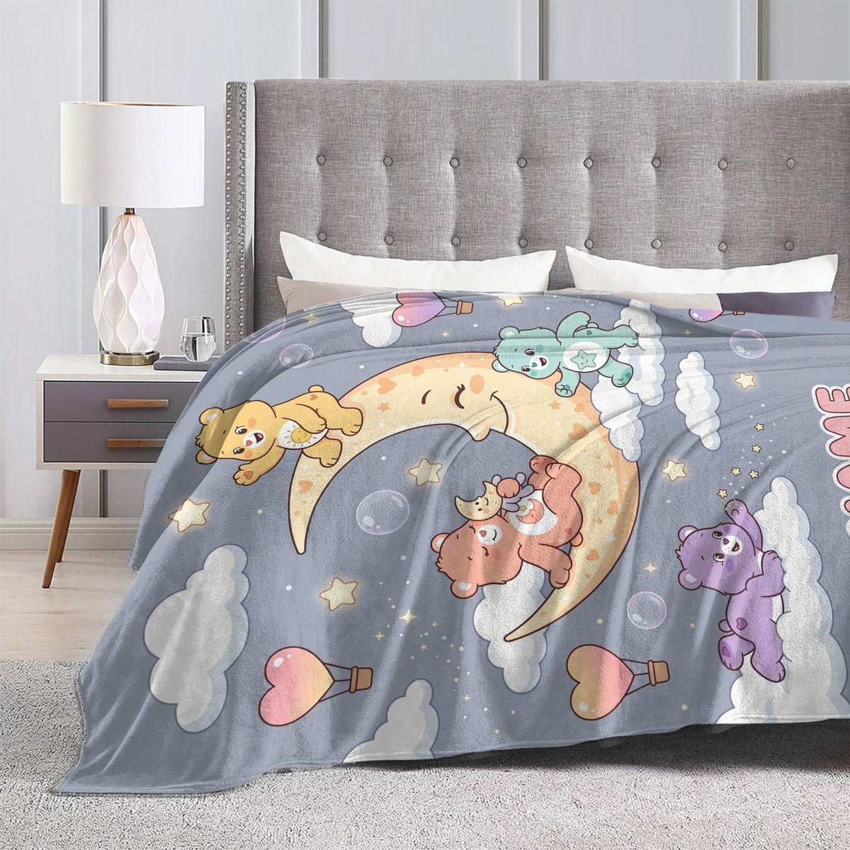 Custom Care Bears Crescent Moon Blanket, Cute Dreamy Night Kids Fleece