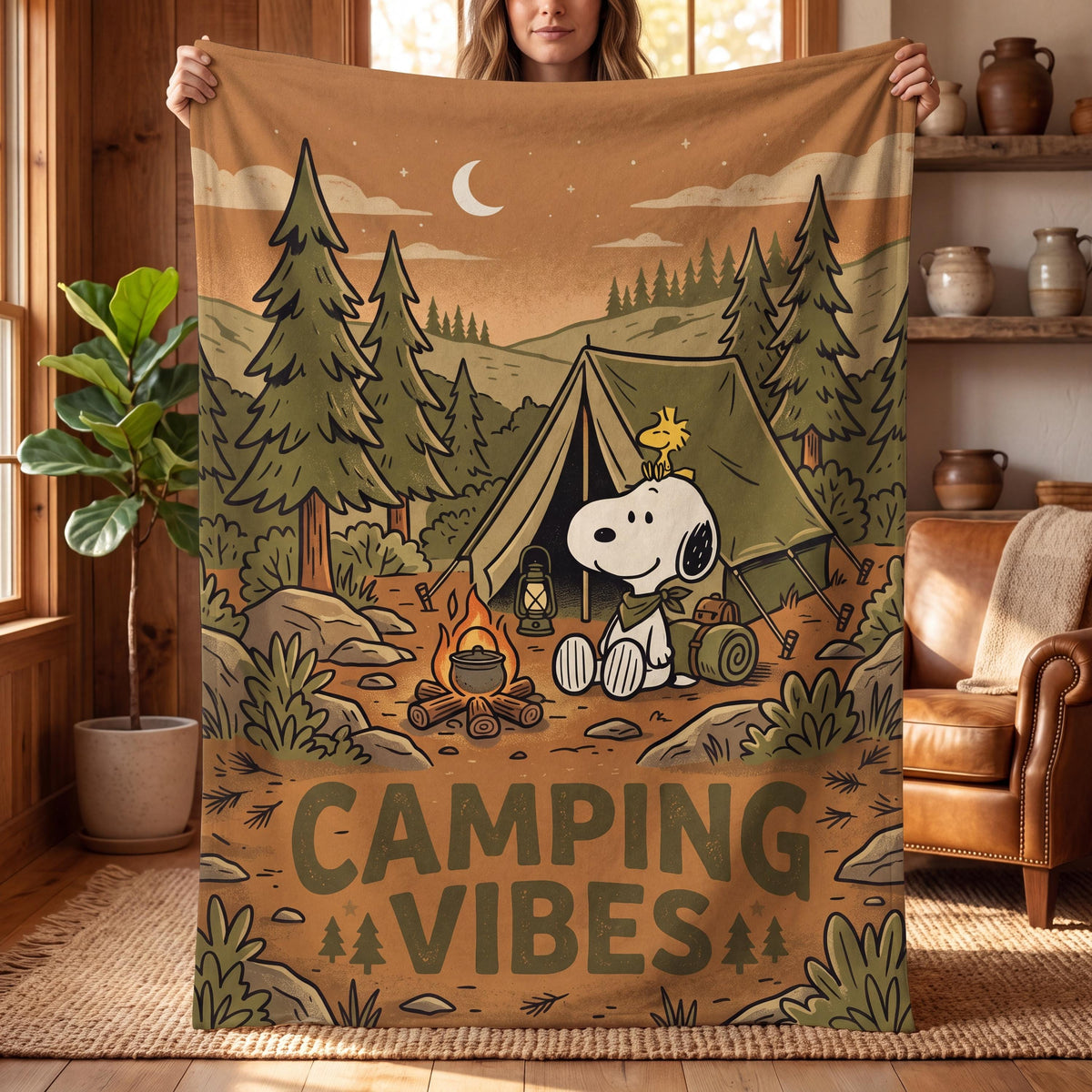 Personalized Camp Scout Beagle Flannel Blanket, Custom Camping Hound Throw, Campfire Tent Bedding, Outdoor Adventure Gift for Hikers
