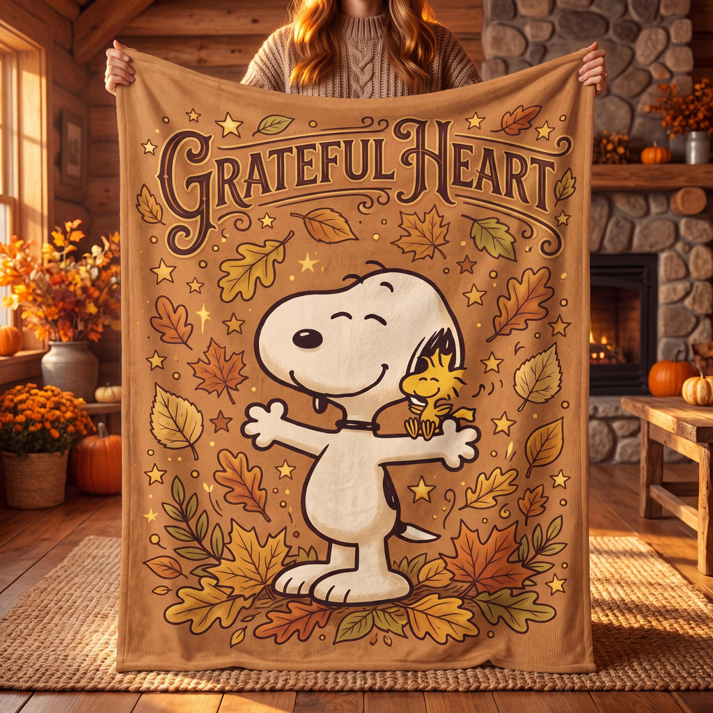 Personalized Grateful Heart Beagle Blanket, Custom Comic Hound Hug Throw, Autumn Thanksgiving Bedding, Wholesome Gift for Her Mom Bestie