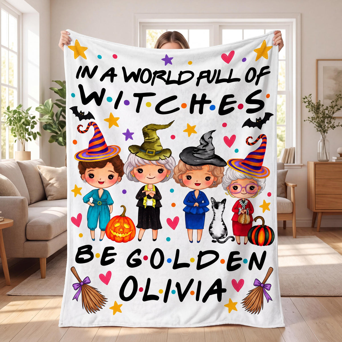 Personalized Golden Halloween Flannel Blanket, Custom Name Witch Girls Throw, In A World Full Of Witches Be Golden Cozy Fall Bestie Gift
