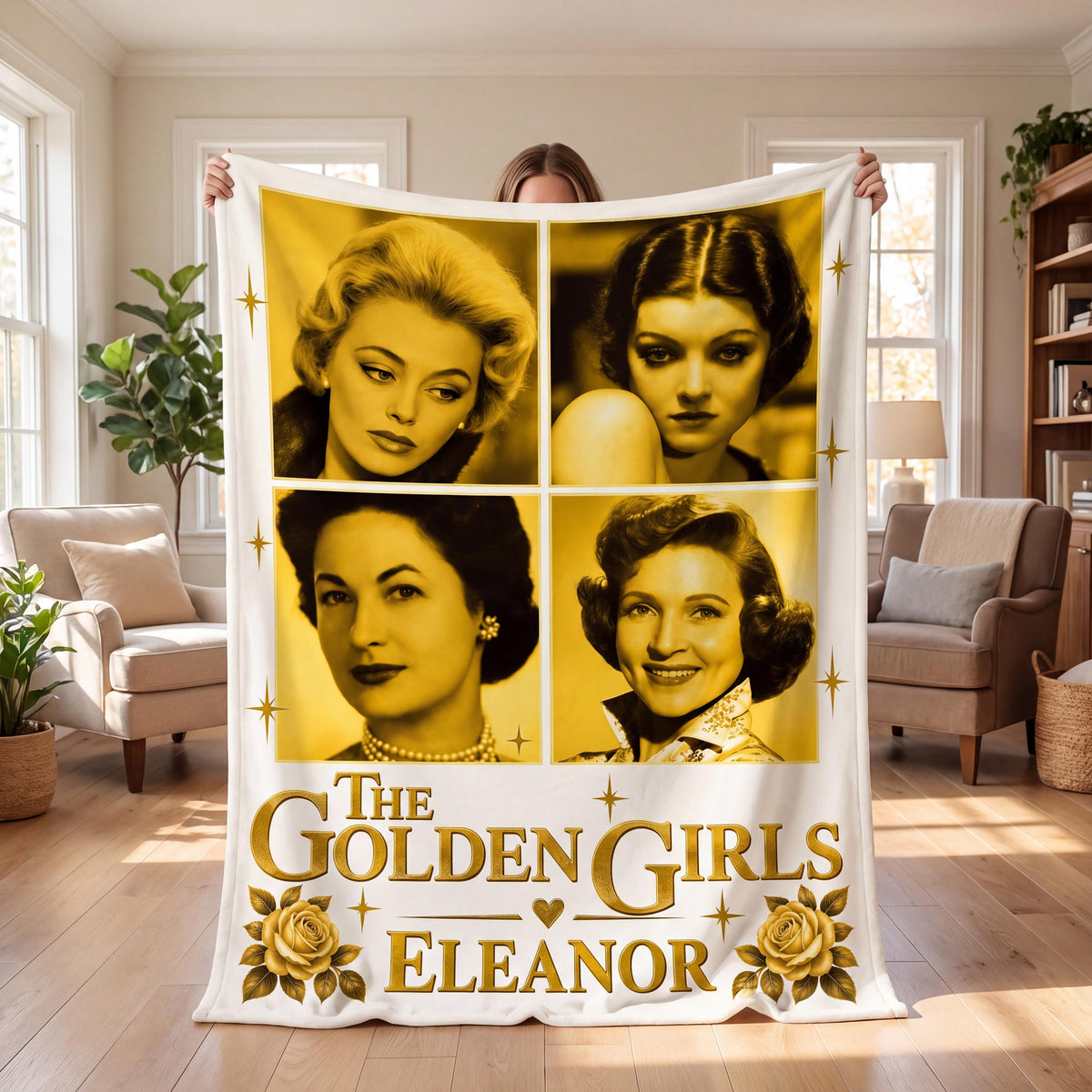 Personalized Golden Blanket, Custom Name Flannel Girls Throw, Retro TV Show Fan Gift for Friend, Cozy Couch Bedding Birthday Present