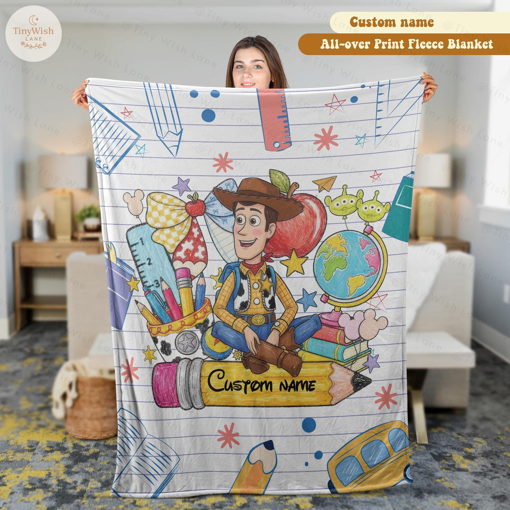 Personalized Toy Story 5 Back to School Blanket, Custom Name Woody Blanket with Jessie Buzz & Friends, First Day of School Gift for Kids