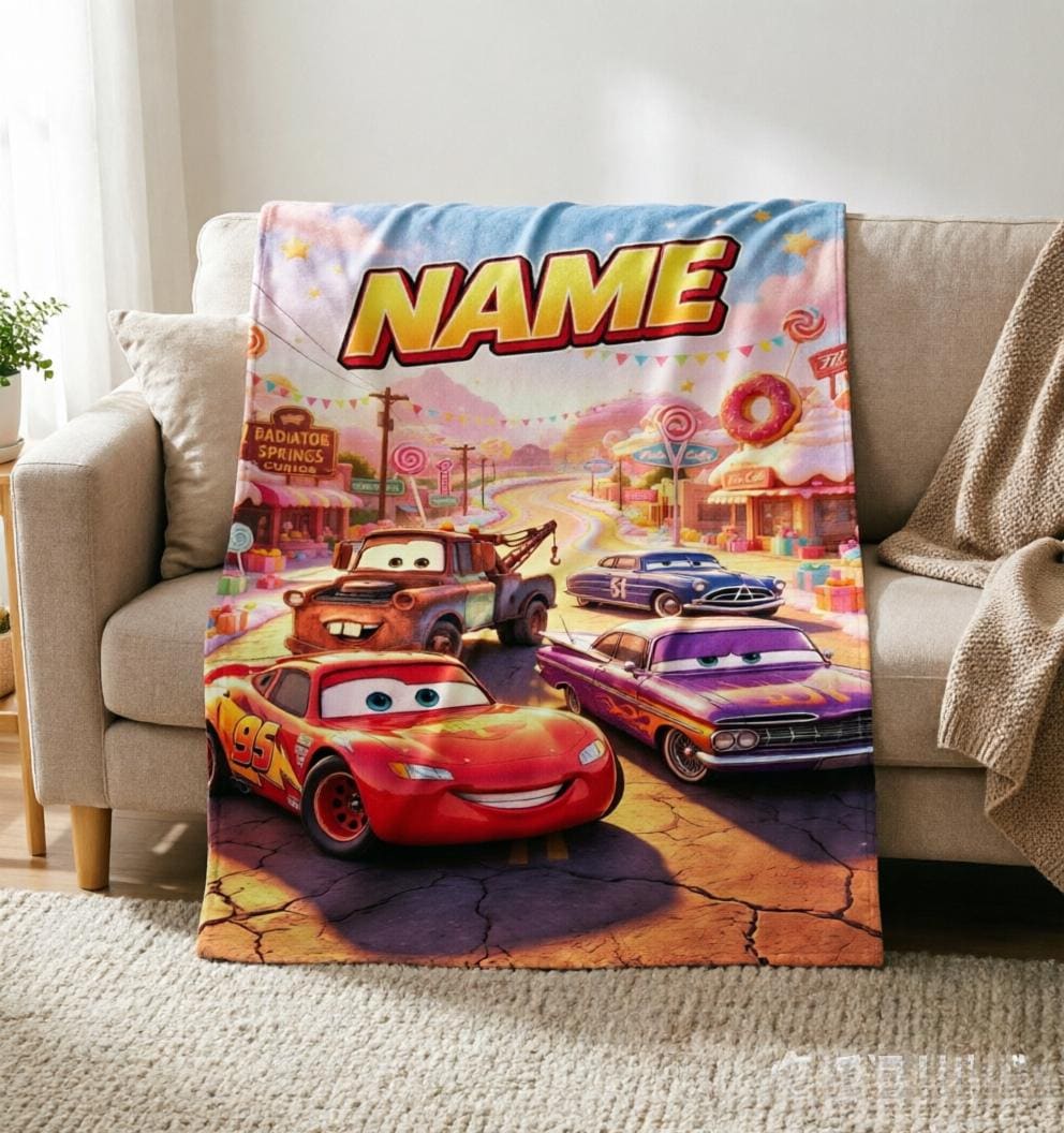 Custom Name Cars Blanket Soft Throw, Radiator Springs Kids Gift Blanket