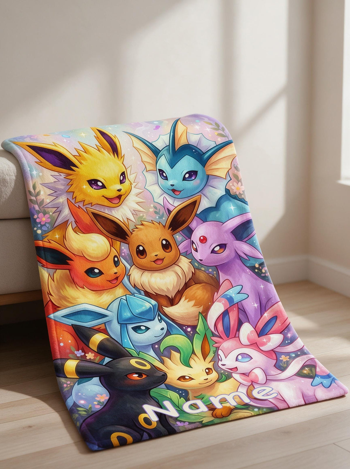 Personalized Eevee Evolution Blanket, Custom Name Flannel Throw, Gamer Gift, Kids Room Decor