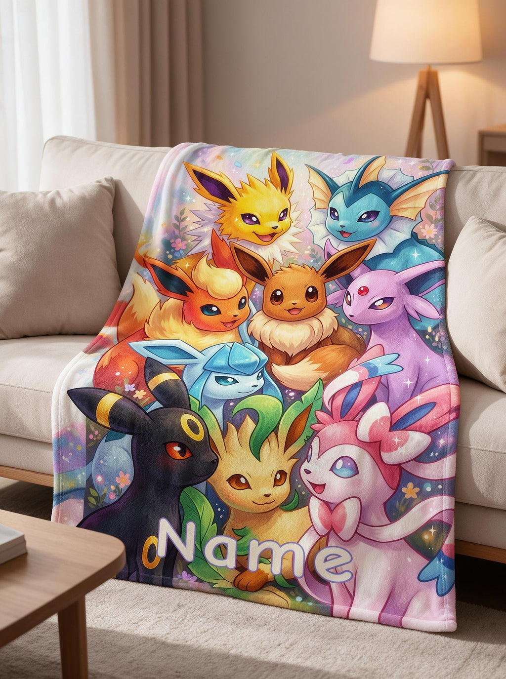 Personalized Eevee Evolution Blanket, Custom Name Flannel Throw, Gamer Gift, Kids Room Decor