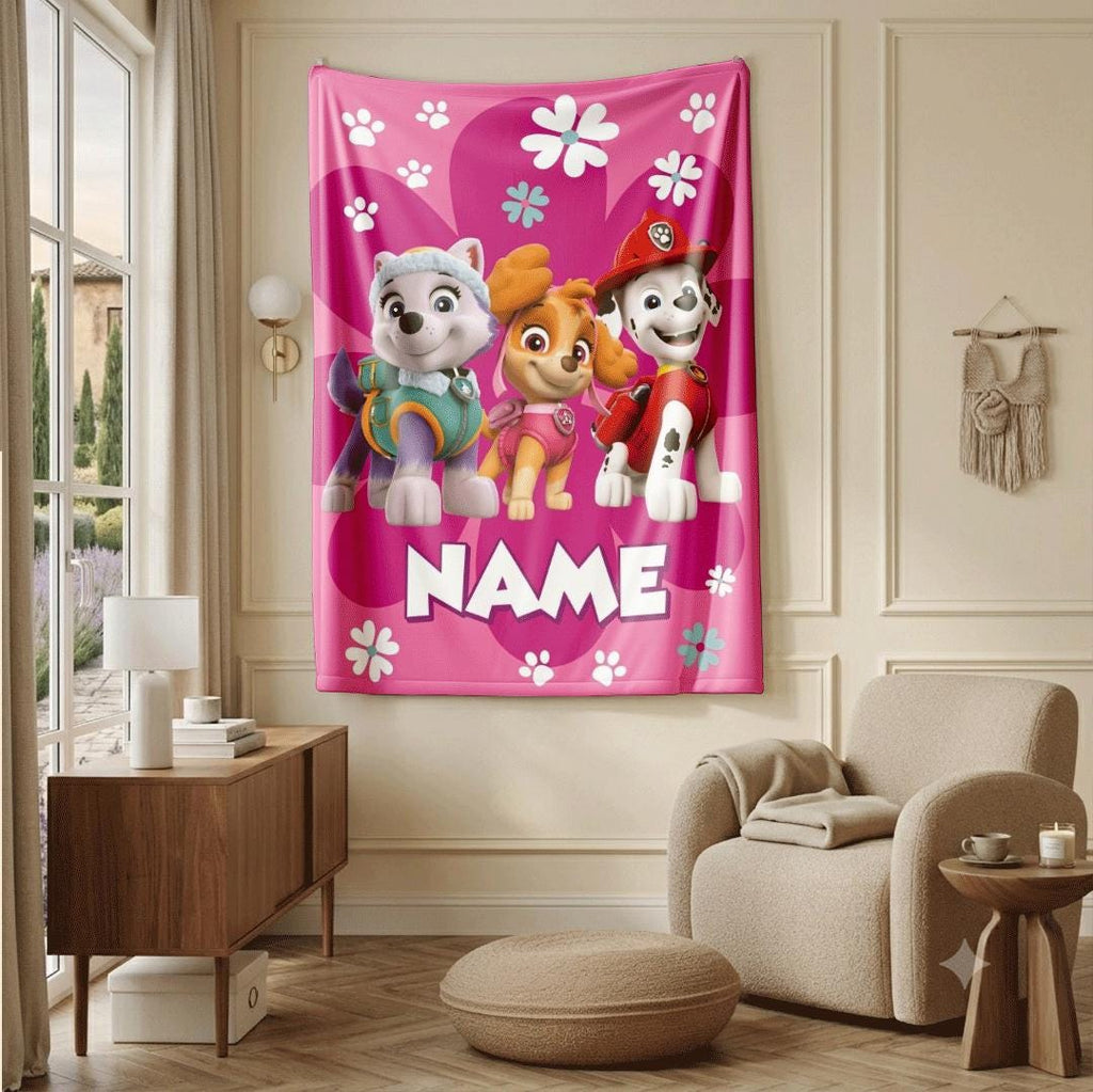 PAW Patrol Rescue Squad, Pink Floral Blanket, Hero Dog Throw, Cute Girls Bedding, Nursery Room Gift