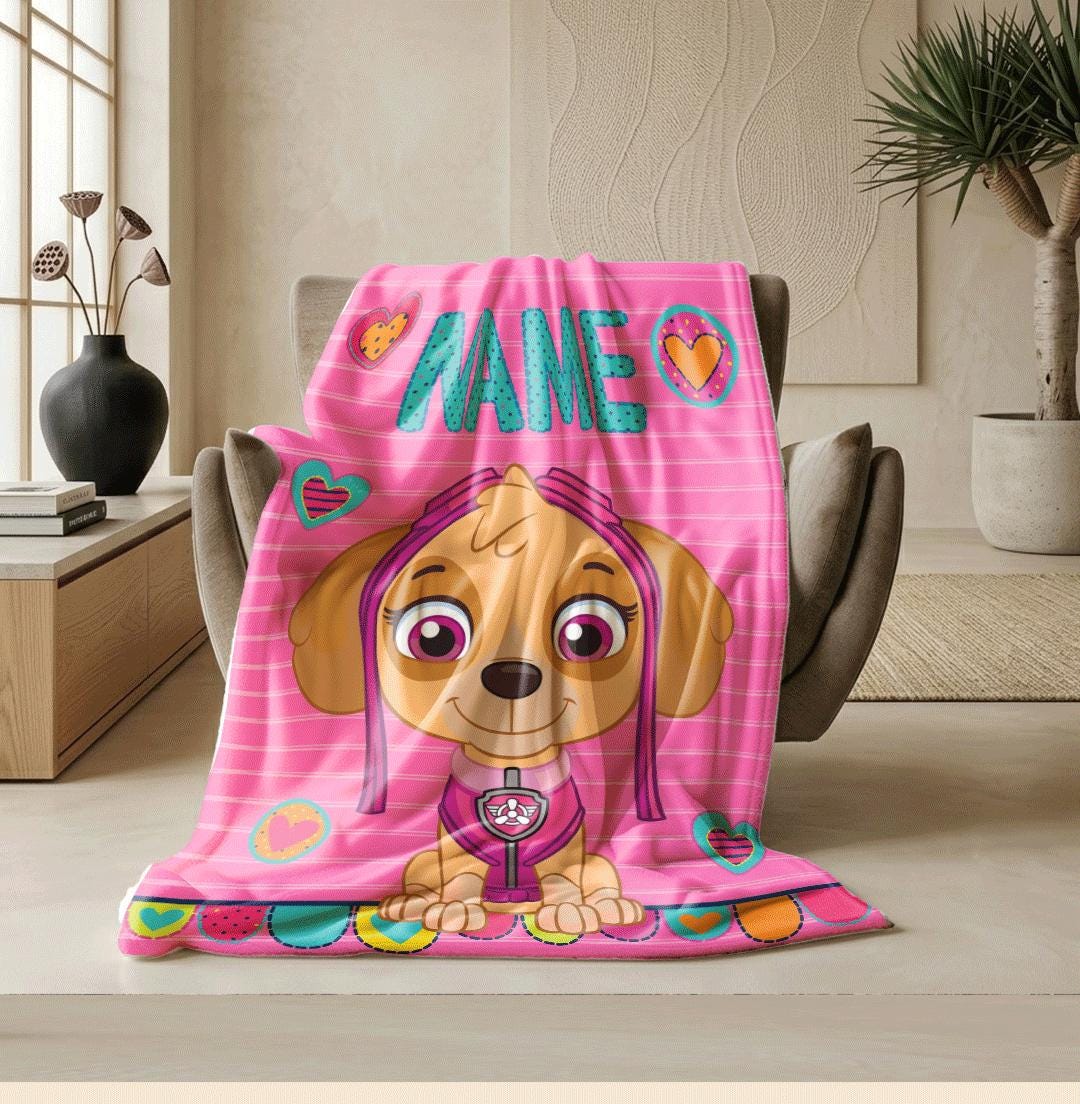PAW Patrol Skye Blanket, Pink Striped Heart Throw, Hero Dog Bedding, Sweet Girls Room Gift