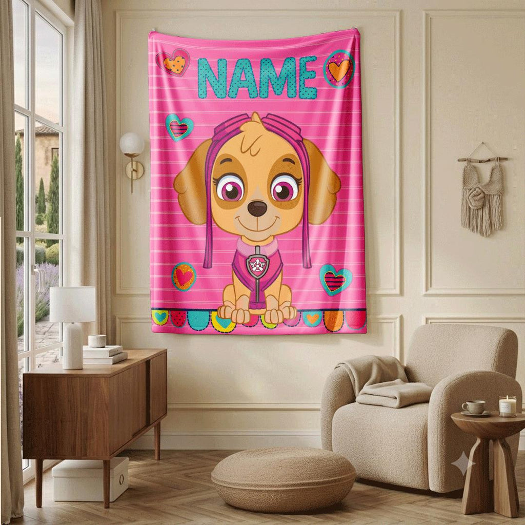 PAW Patrol Skye Blanket, Pink Striped Heart Throw, Hero Dog Bedding, Sweet Girls Room Gift