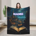 Custom Name Wizard Owl Flannel Blanket, Personalized Magic Castle Throw, Cozy Fantasy Fleece Blanket, Gift for Kids