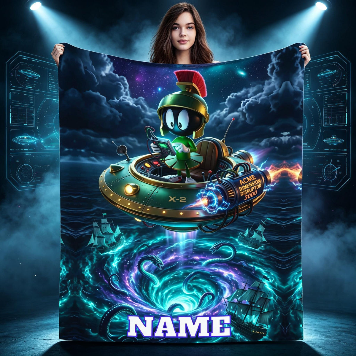 Marvin the Martian Personalized Flannel Blanket, Custom Name Looney Tunes Throw, Soft Cozy Cartoon Blanket Gift