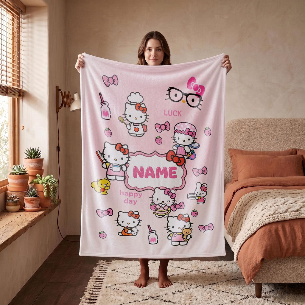 Hello Kitty Daily Life Blanket, Sanrio Cute Chores Throw, Pink Kawaii Bedding, Sweet Girls Room Gift
