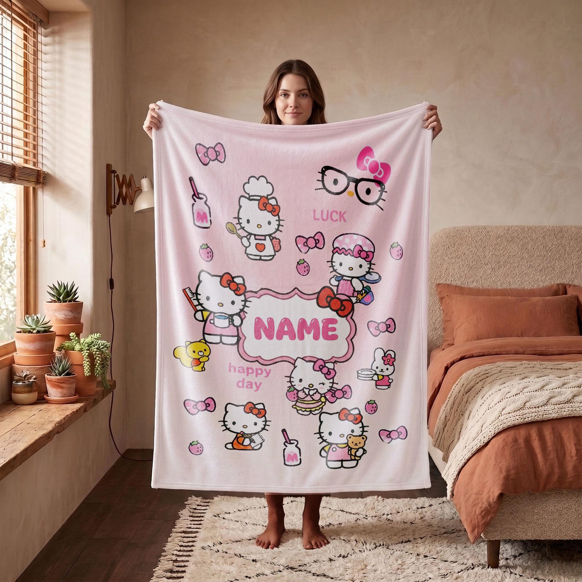 Hello Kitty Daily Life Blanket, Sanrio Cute Chores Throw, Pink Kawaii Bedding, Sweet Girls Room Gift