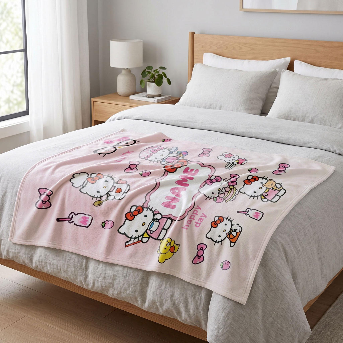 Hello Kitty Daily Life Blanket, Sanrio Cute Chores Throw, Pink Kawaii Bedding, Sweet Girls Room Gift