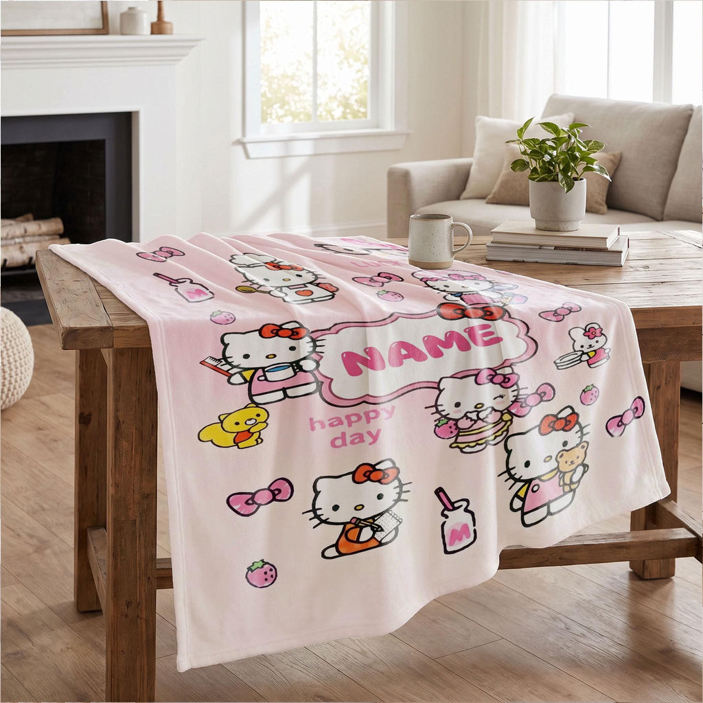 Hello Kitty Daily Life Blanket, Sanrio Cute Chores Throw, Pink Kawaii Bedding, Sweet Girls Room Gift