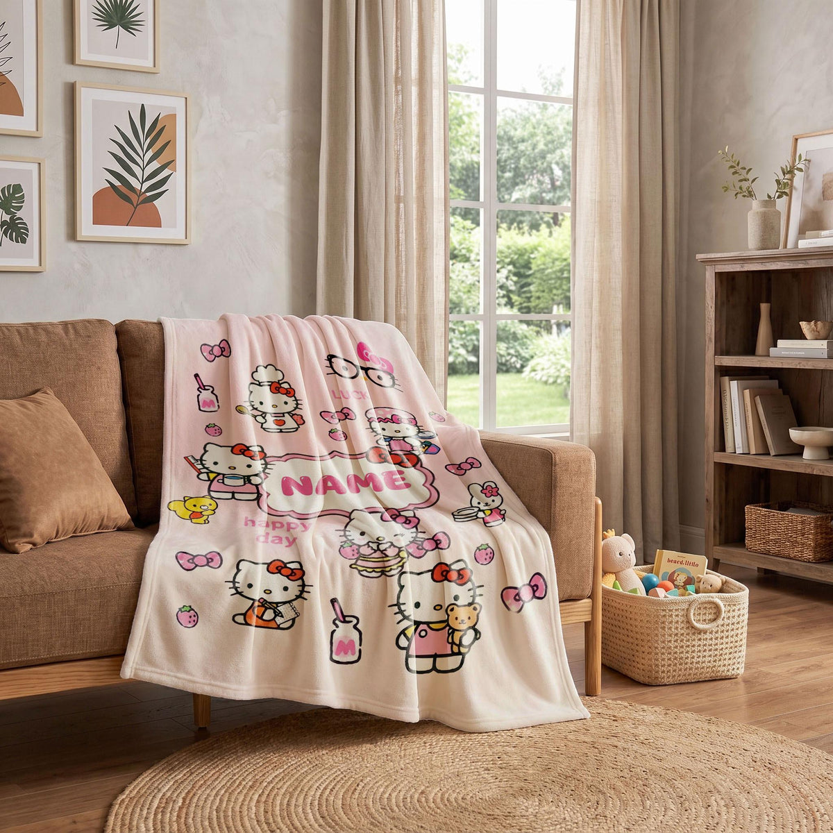 Hello Kitty Daily Life Blanket, Sanrio Cute Chores Throw, Pink Kawaii Bedding, Sweet Girls Room Gift