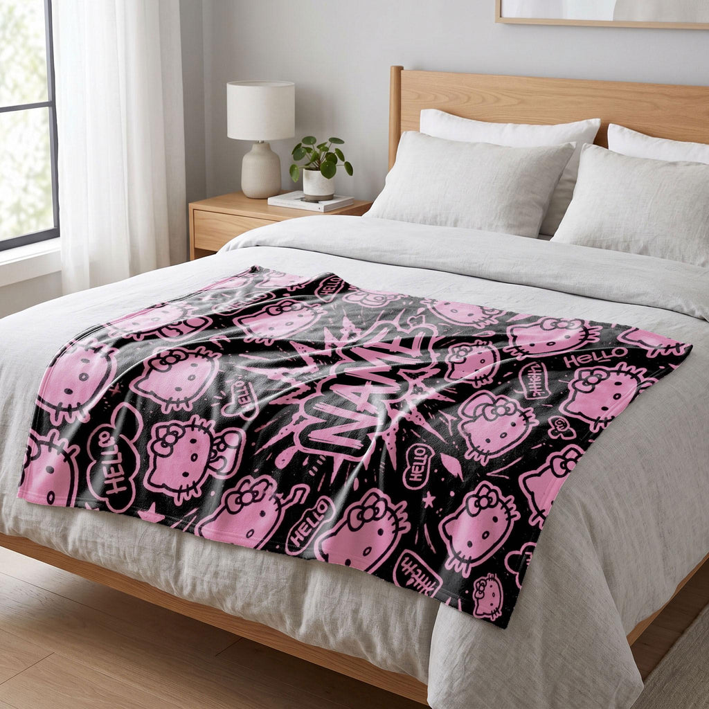 Hello Kitty Graffiti Blanket, Black Pink Pop Art Throw, Sanrio Comic Bedding, Cool Girls Room Gift