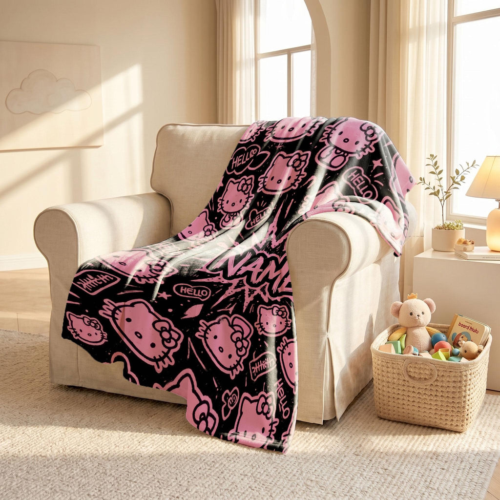 Hello Kitty Graffiti Blanket, Black Pink Pop Art Throw, Sanrio Comic Bedding, Cool Girls Room Gift