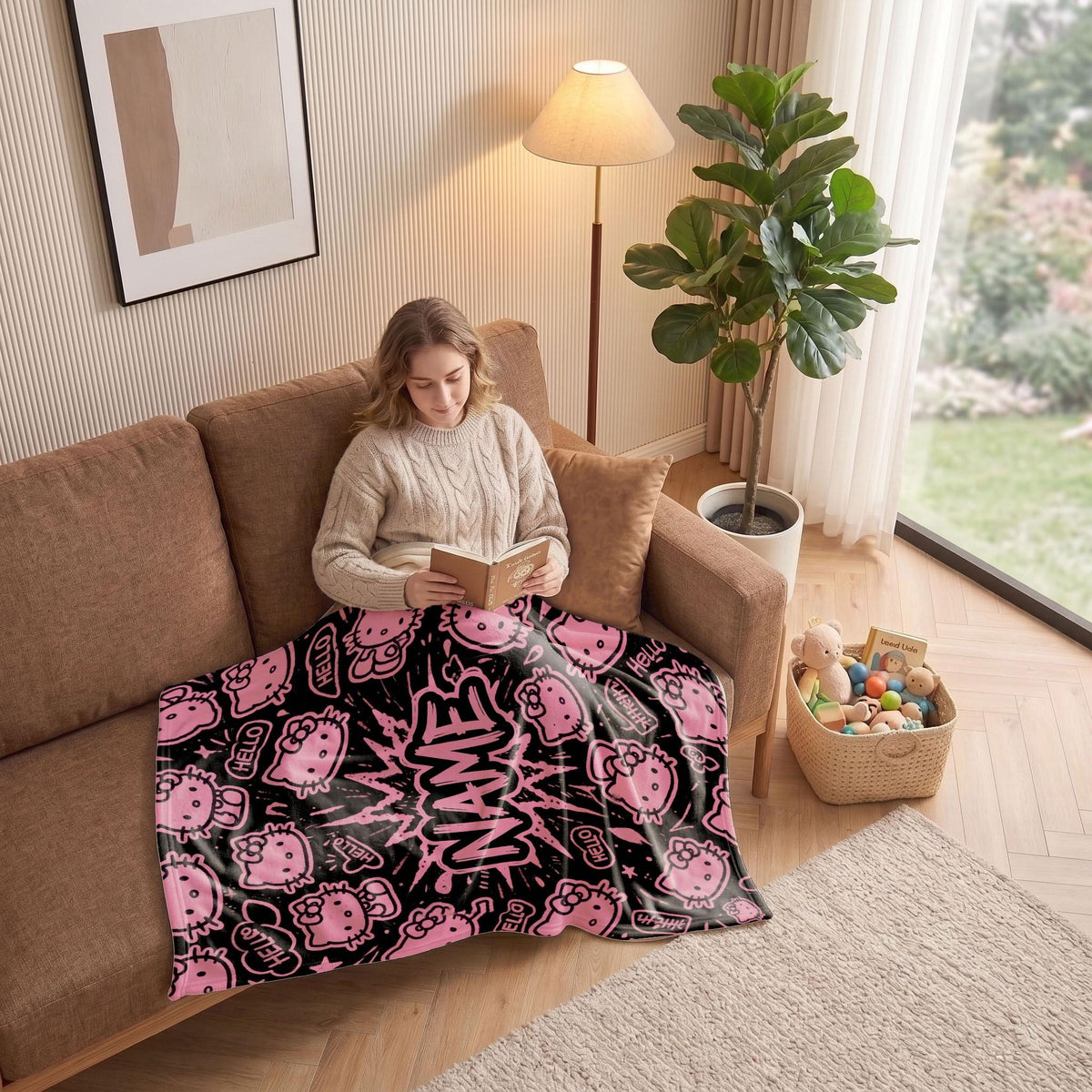 Hello Kitty Graffiti Blanket, Black Pink Pop Art Throw, Sanrio Comic Bedding, Cool Girls Room Gift
