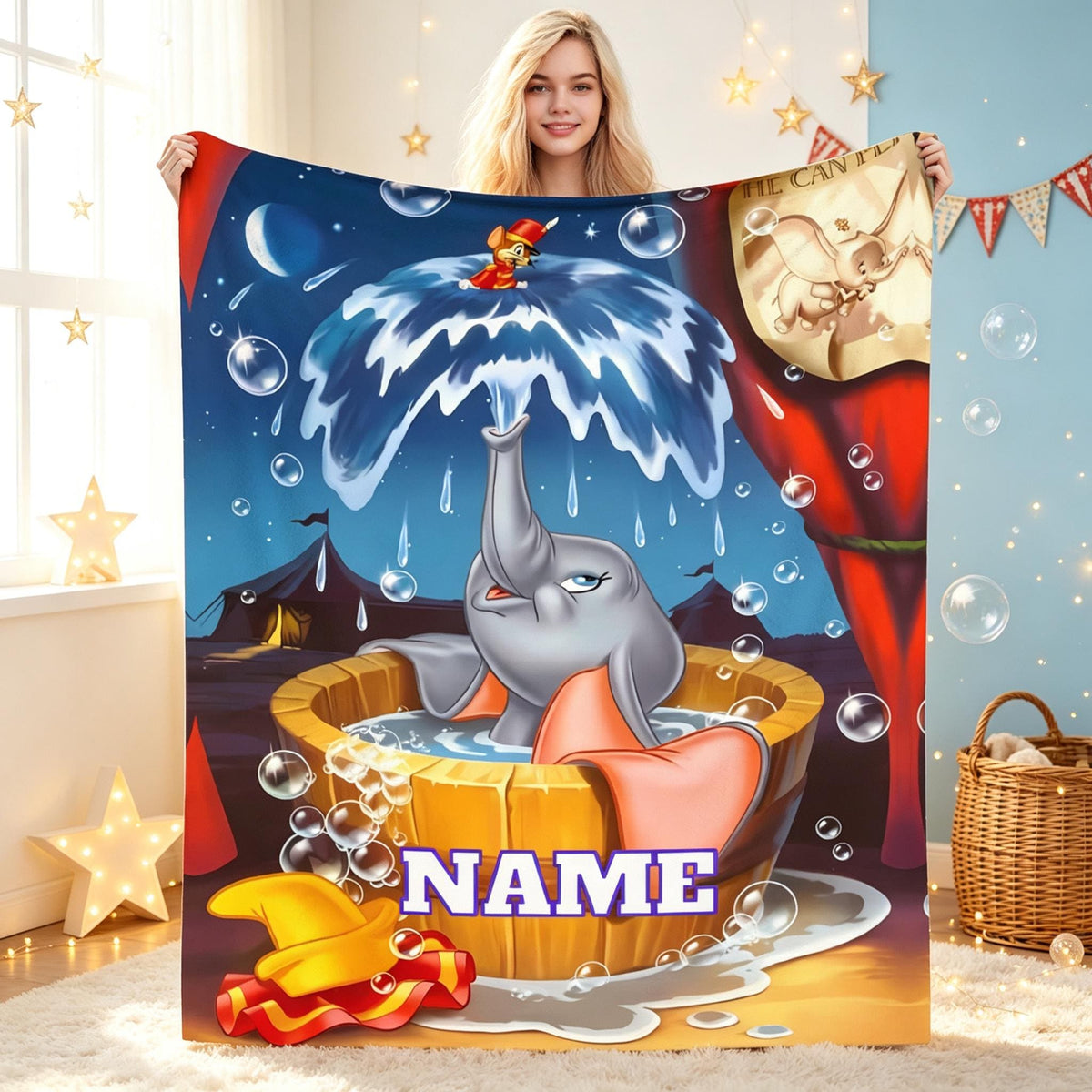 Dumbo Personalized Flannel Blanket, Custom Name Disney Elephant Throw, Soft Cozy Kids Nursery Blanket, Birthday Gift