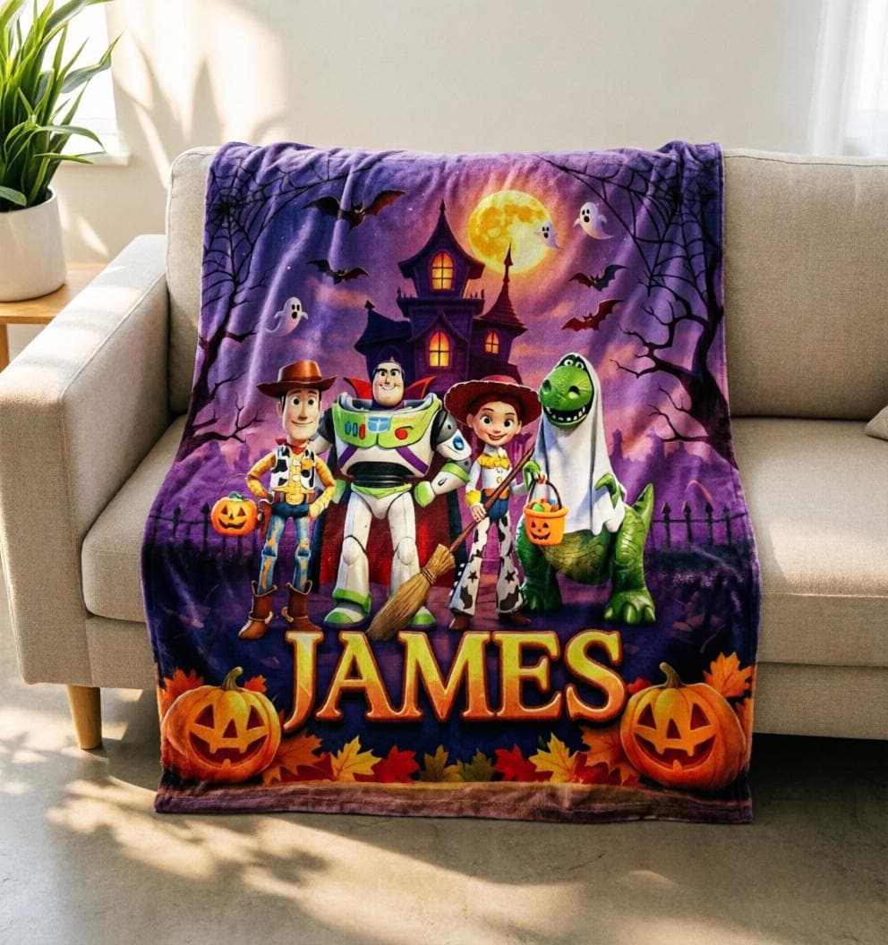 Custom Name Toy Story Blanket Soft Throw, Spooky Castle Ghost Design, Unique Keepsake Present For Young Children Festive Season