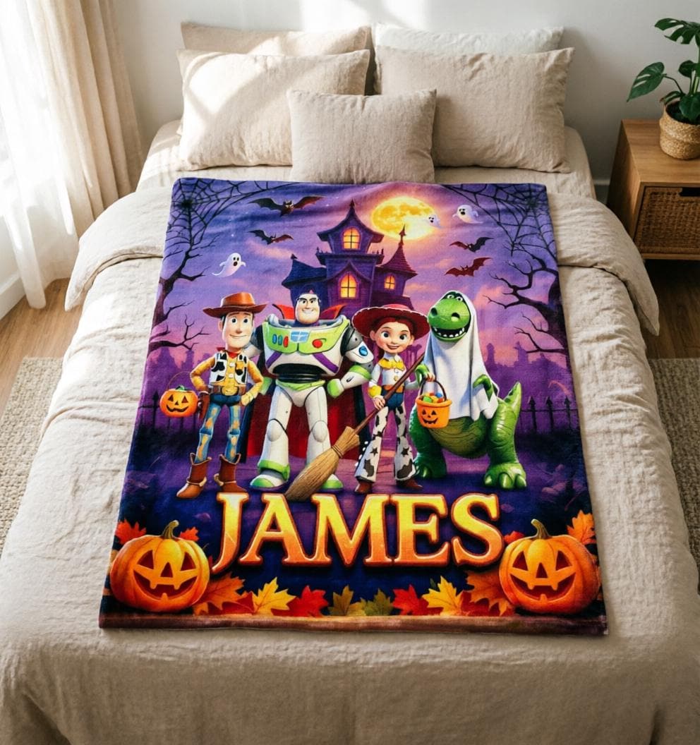 Custom Name Toy Story Blanket Soft Throw, Spooky Castle Ghost Design, Unique Keepsake Present For Young Children Festive Season