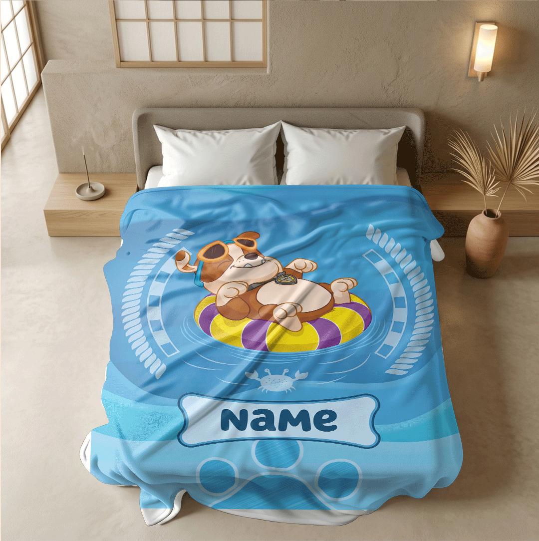 PAW Patrol Rubble Blanket, Summer Pool Dog Throw, Blue Water Rescue Bedding, Boys Vacation Gift