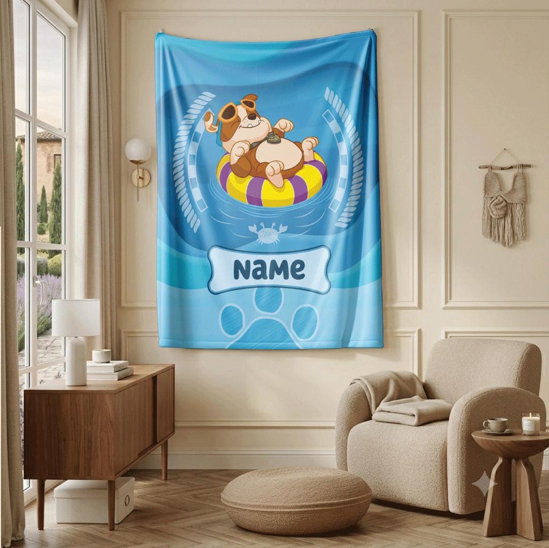 PAW Patrol Rubble Blanket, Summer Pool Dog Throw, Blue Water Rescue Bedding, Boys Vacation Gift
